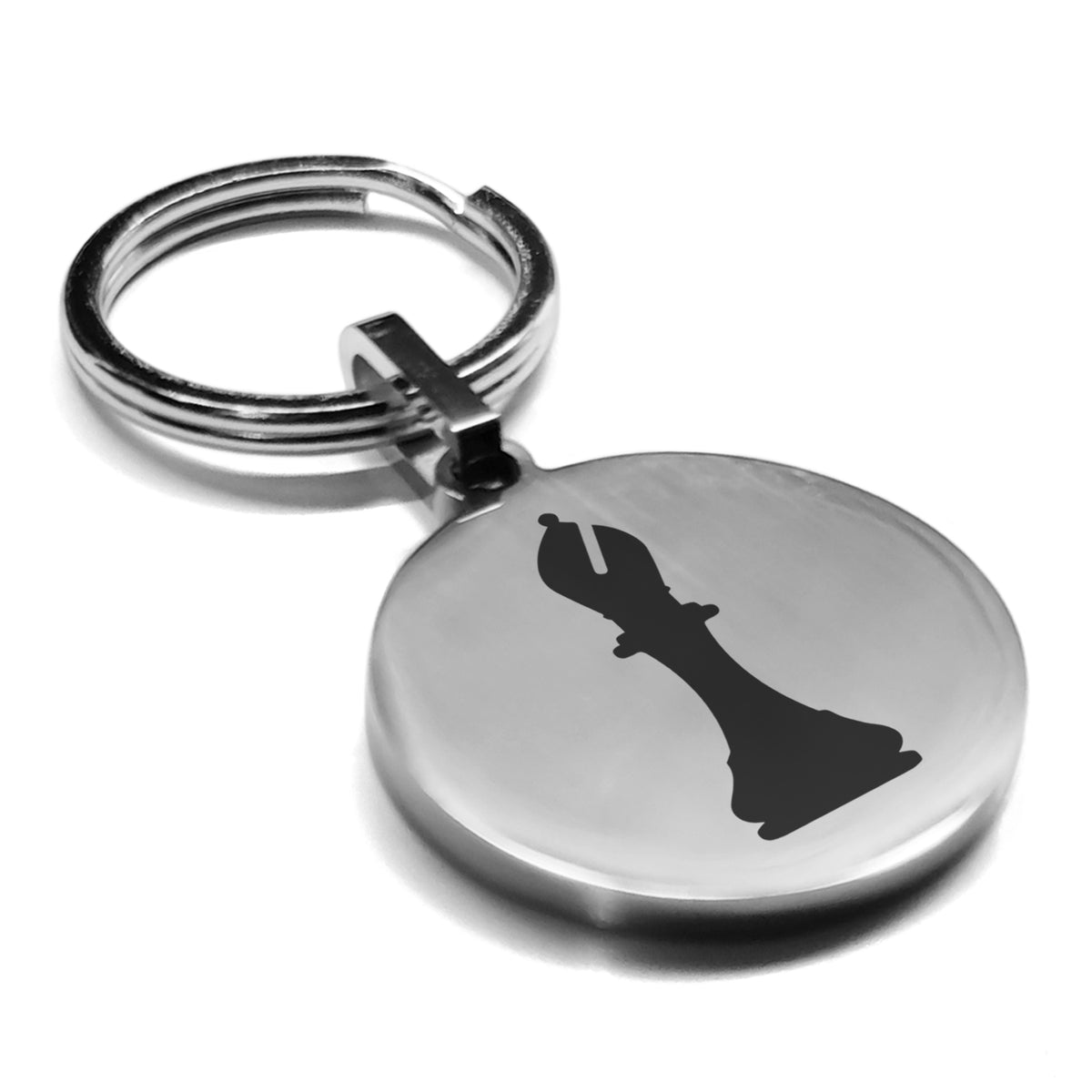 Stainless Steel Bishop Chess Piece Round Medallion Keychain