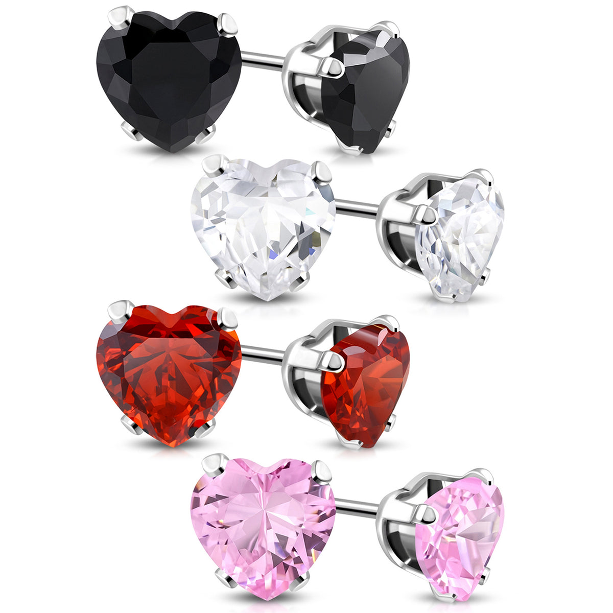 Stainless Steel Prong-Set Cubic Zirconia Love Heart Stud Earrings