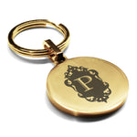 Stainless Steel Royal Crest Alphabet Letter P initial Round Medallion Keychain